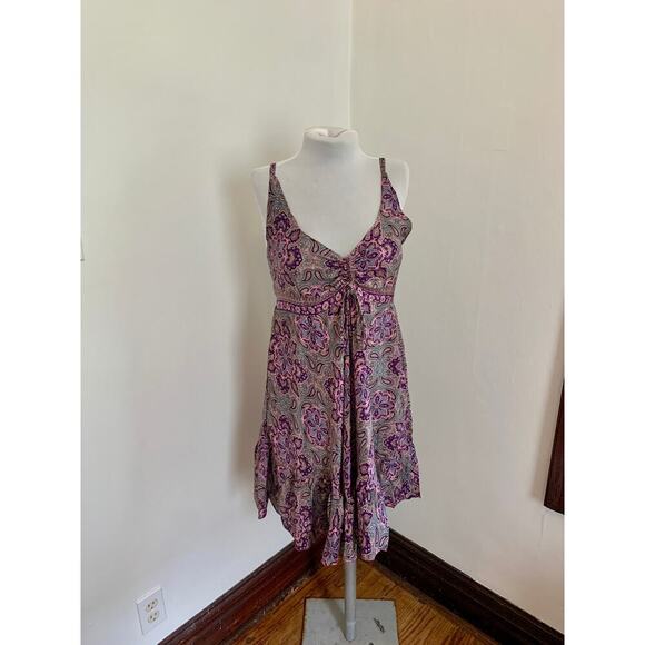 Indian VTG Silk Blend Paisley Floral Boho Sun Dress Flowing Fairy Bow Ruffle - Picture 2 of 14